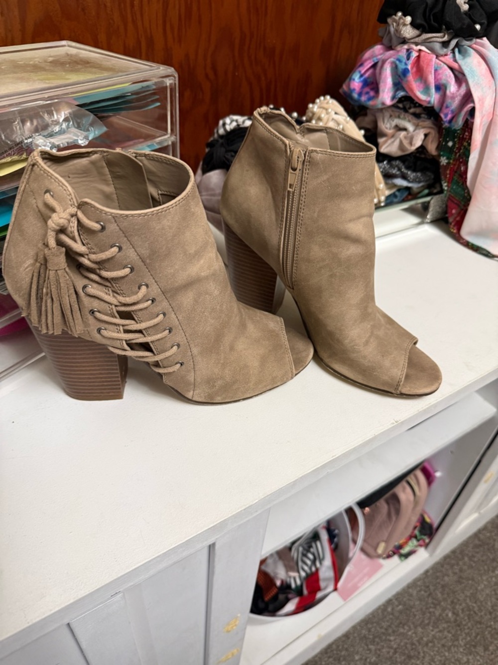 Women's Taupe Suede Peep-Toe Ankle Boots with Lace-Up Detail